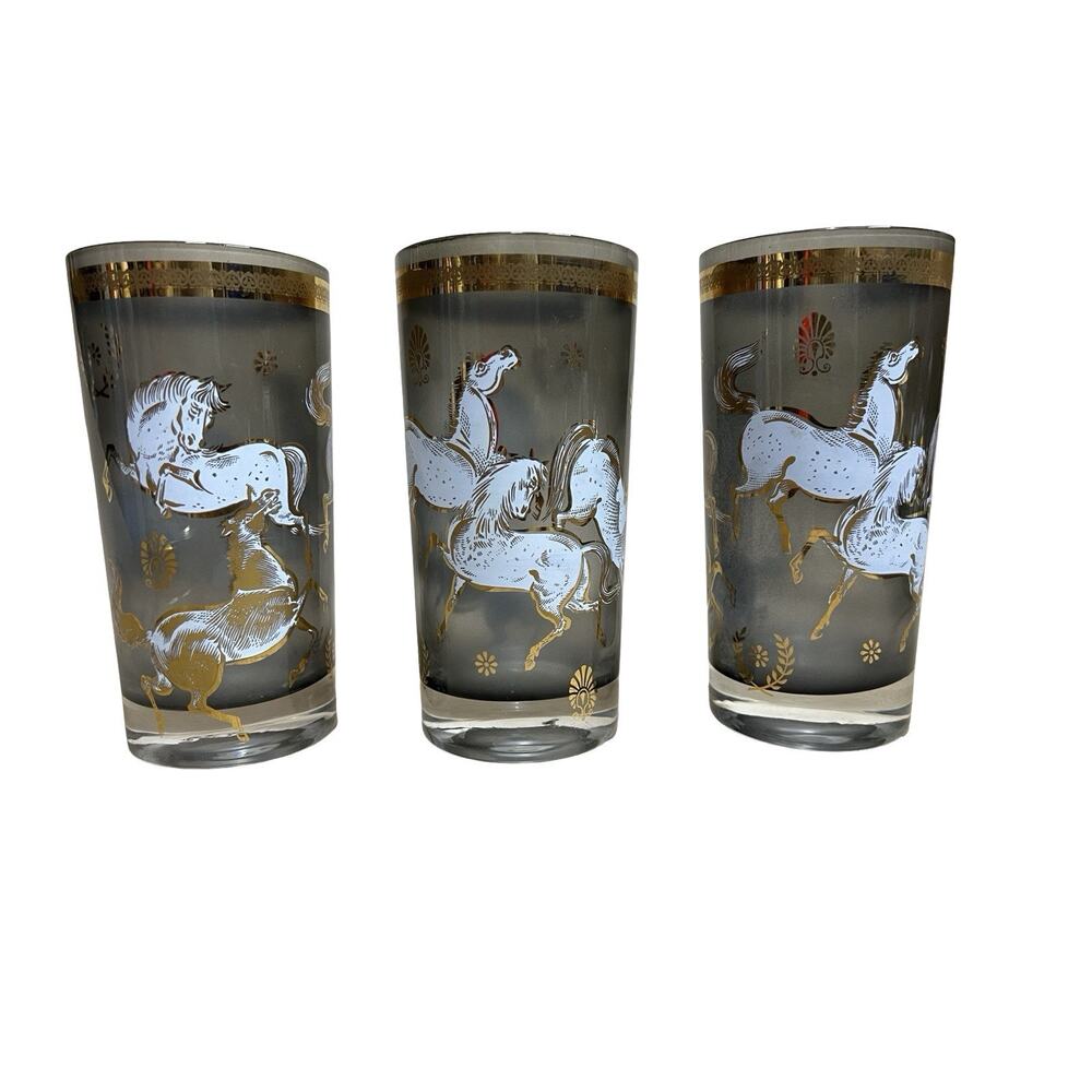 3 Vintage MCM Culver Ming Smokey Stallion Horse Gold 5.5" HIGHBALL GLASSES